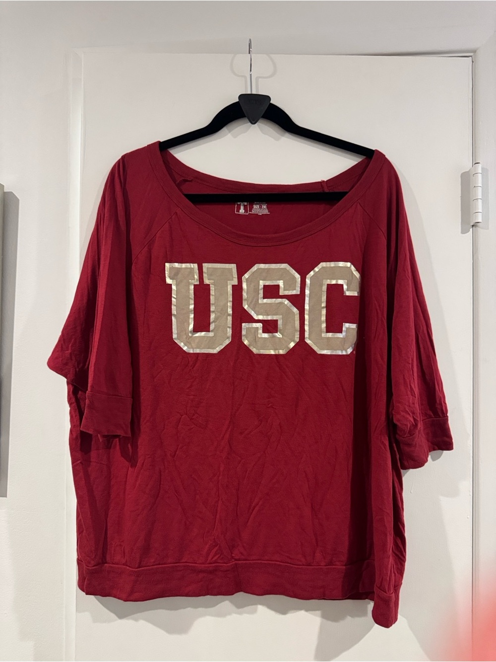 USC Women's Relaxed Red Short Sleeve Tee with Metallic Lettering